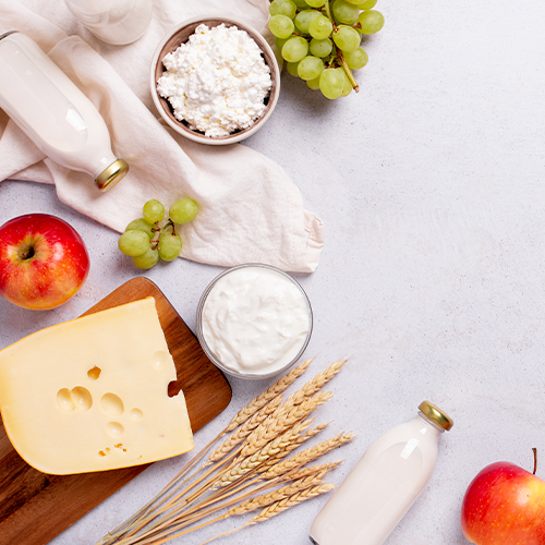 Alimentos ricos em laticínios dispostos sobre uma mesa, incluindo leite, queijo, iogurte, cottage, além de maçãs, uvas e espigas de trigo.
